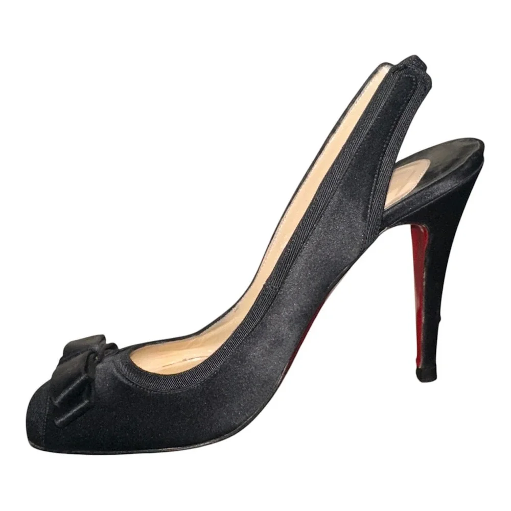 Christian Louboutin Black Satin Sling Back Bow kitten Pumps - Size 37.5